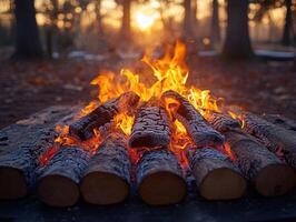 Campfire burning brightly in forest at sunset photo