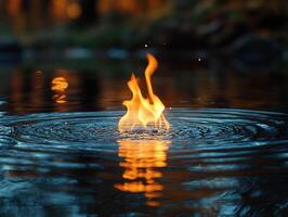 Flames dancing on water at dusk, ripples expanding, blurred background photo