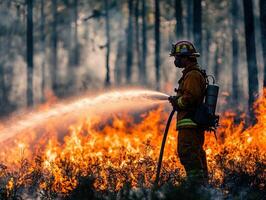 Firefighter battles wildfire in burning forest photo