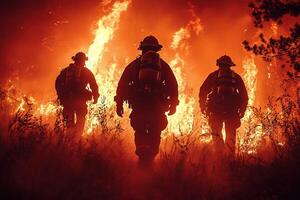 Firefighters battling wildfire in burning forest at night photo