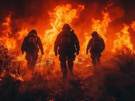 Firefighters battle wildfire in burning field at night photo