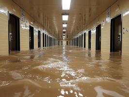 Flooded prison hallway with closed cell doors, water damage, potential disaster photo