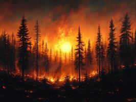 Forest fire blazes through trees at sunset, creating smoky background photo