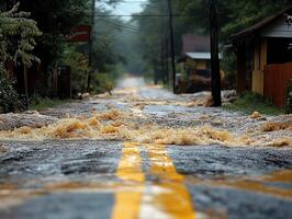 Flooded road in town with rushing water, houses, trees in background. Possible use disaster relief photo