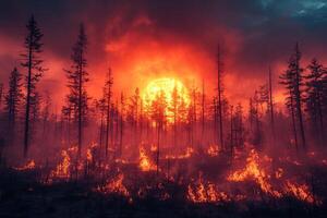 Forest fire at night with large moon, smoke, and flames photo