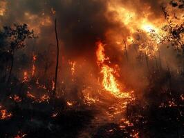 Forest fire burning intensely, smoke filled sky, path engulfed in flames photo
