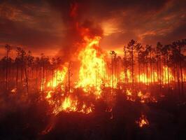 Forest fire at sunset, intense flames engulfing trees, smoke rising photo