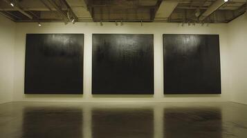 Triptych dark abstract paintings displayed in modern gallery. photo