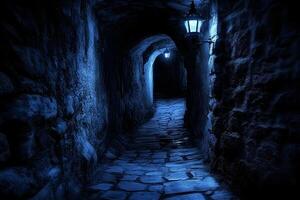 Dark, mysterious alleyway at night, lit by a single lamp. photo