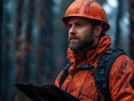Forest ranger surveys burnt trees in rain with clipboard photo