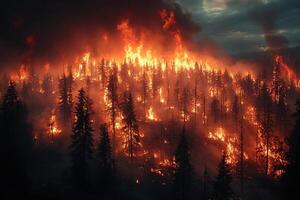 Forest fire engulfing trees on hillside at dusk, smoke filling sky photo