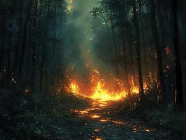 Forest fire burning on path, smoke fills dark woods photo