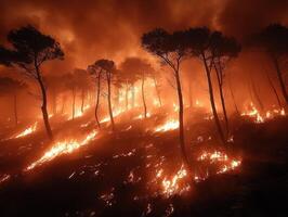 Forest fire burning trees on hillside at night photo