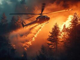 Helicopter dropping water on intense wildfire in forest photo