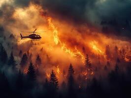 Helicopter battling intense wildfire in burning forest under smoke-filled sky photo