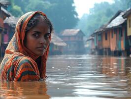 Girl in flooded village, staring intensely, houses on stilts photo