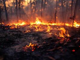 Forest fire burning at sunset, ground level view with trees ablaze in background photo
