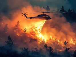 Helicopter dropping water on intense wildfire in forest at dusk photo