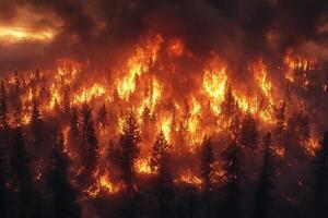 Intense wildfire engulfs forest under dark, smoky sky photo