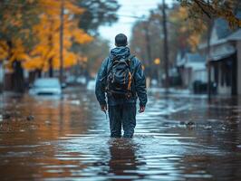 Man wades through flooded street after storm in autumn photo