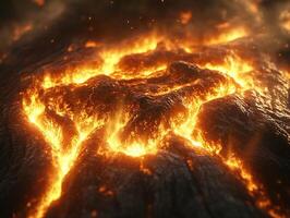 Molten lava flows and cracks on volcanic surface with smoke photo
