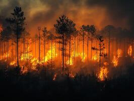 Intense wildfire burning through pine forest at night, smoke filled sky photo