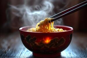 Steaming noodles lifted with chopsticks from a red bowl. photo