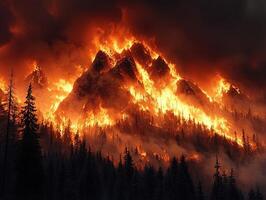 Mountain wildfire at night, flames engulfing forest photo
