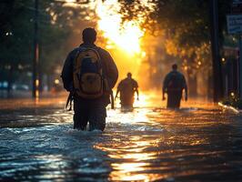 Men wade through flooded street at sunset after disaster photo