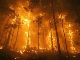 Intense wildfire engulfing forest at night, smoke fills the air photo