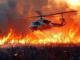 Helicopter dropping water on wildfire in field, smoke filled sky photo