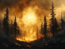 Forest fire with intense flames, smoke, and firefighters in background photo