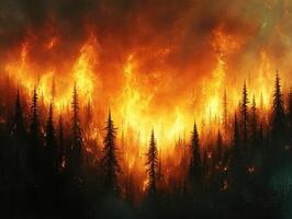 Forest fire engulfing trees under dark, smoky sky photo