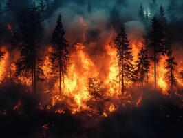 Night forest fire with intense flames and smoke photo