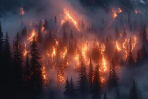 Mountain wildfire burning intensely through misty forest at dusk photo