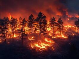 Night forest fire with intense flames engulfing trees and spreading smoke photo
