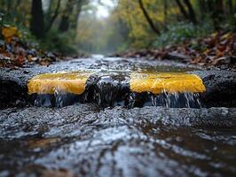 Rain flowing over road markings in autumn forest path photo