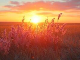 Prairie grass at sunset with colorful sky photo