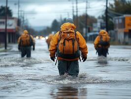 Rescue team wades through flooded street after disaster photo
