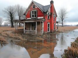 Flooded Abandoned Red Farmhouse in Field photo
