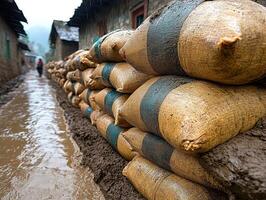 Sandbags protect village street from floodwaters during heavy rain photo