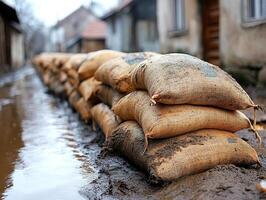 Sandbags protect street from floodwater in residential area photo