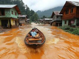 Villagers navigate flooded street by boat, mountain backdrop photo
