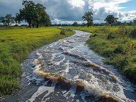 Rushing stream in green meadow, cloudy sky, post-rain photo