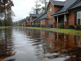 Suburban street flooded, houses reflected in water, overcast sky photo