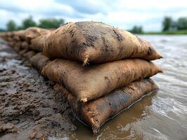 Sandbags protect riverbank from flood, muddy water, cloudy sky photo