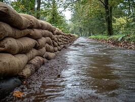 Sandbags protect forest path from overflowing stream after heavy rain photo