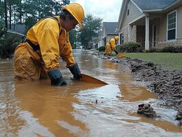 Workers clearing mud from flooded street in residential area after storm photo