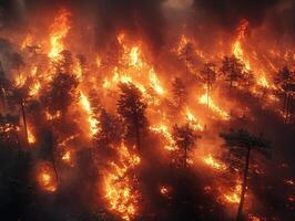 Aerial view of wildfire engulfing forest at night photo