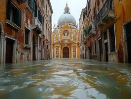 Venice canal flooded street, church backdrop, high tide photo